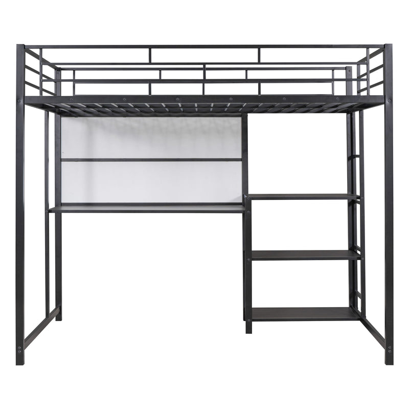 Metal Loft Bed With Desk, 3 Shelves And Ladder