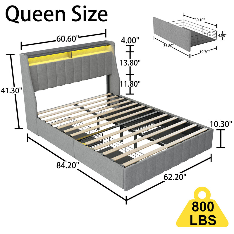 Queen Size Bed Frame With LED Lighting, Winged Headboard With Storage Drawers - Light Gray