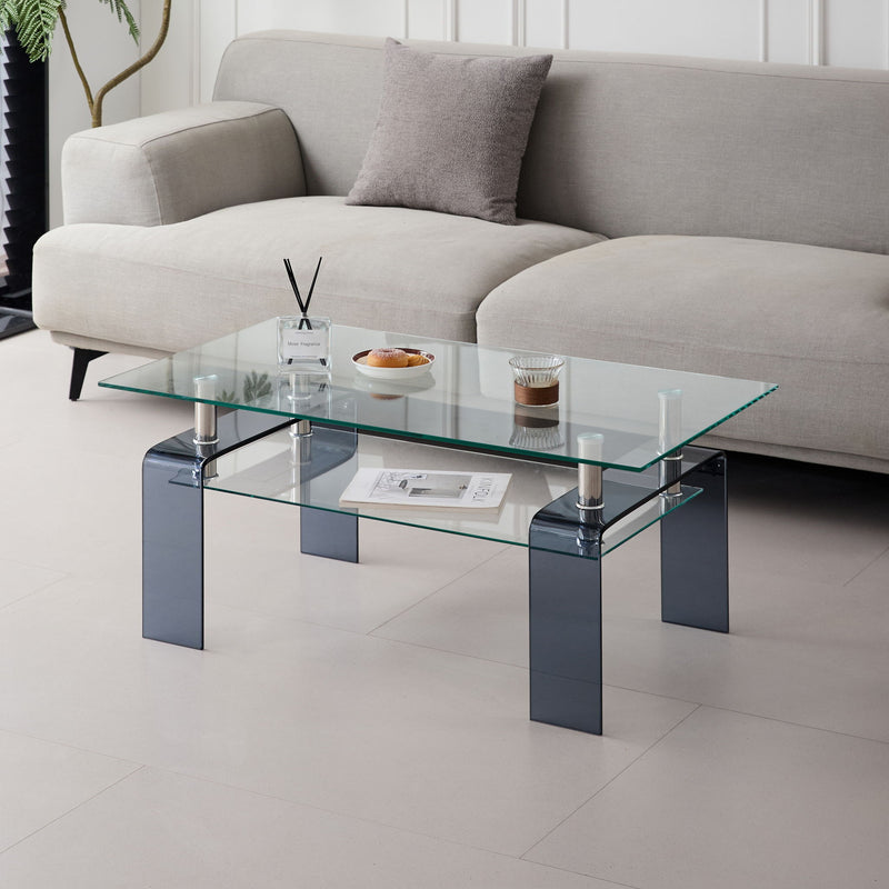 Modern Tempered Glass Coffee Table With 2 Tier Storage For Living Room