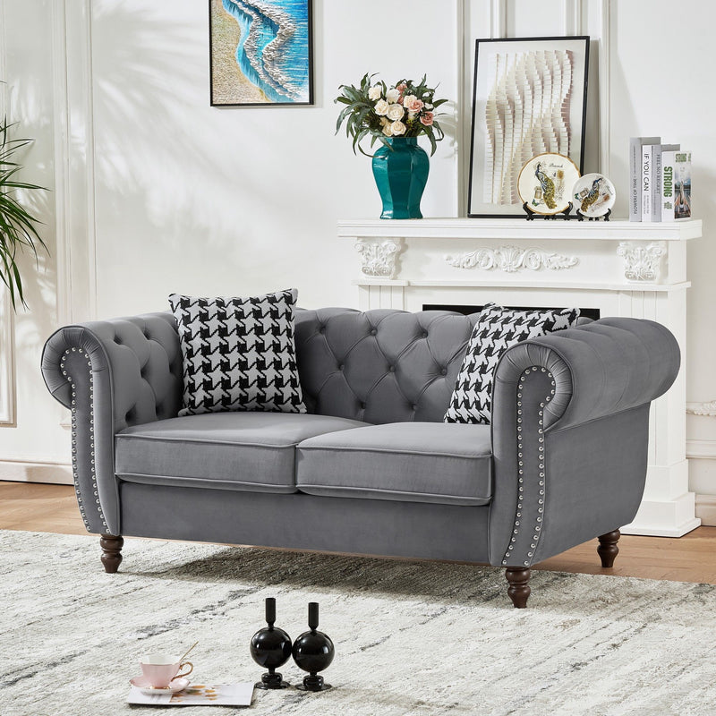 Chesterfield Velvet Upholstery Fabric Loveseat With Roll Armrest And Nailhead