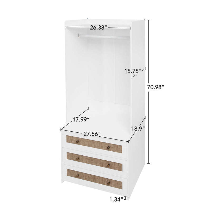 Wardrobe With 3 Drawers High Wardrobe Armoire With Rattan For Living Room Organizer - White