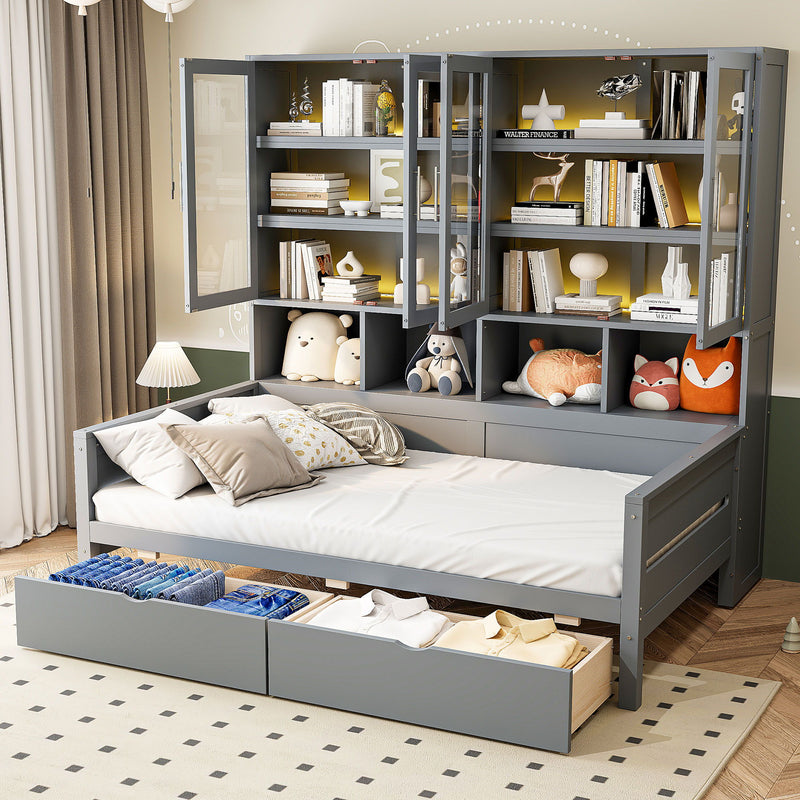 Daybed With Glass Door Storage Cabinets, Built In LED Lighting And Shelves