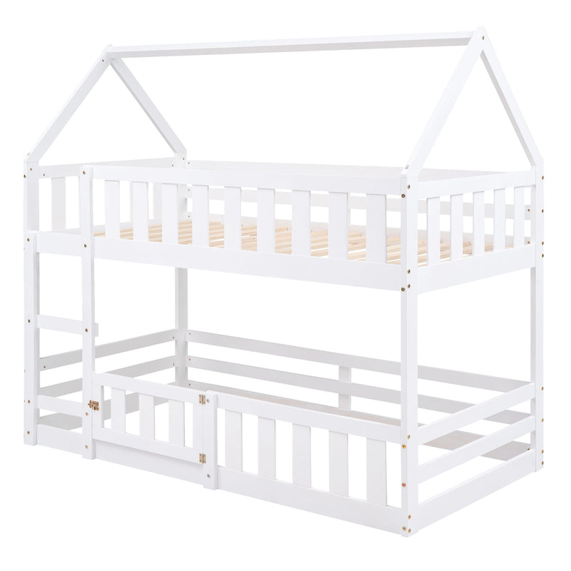 Twin Over Twin House Bunk Bed With Fence And Door