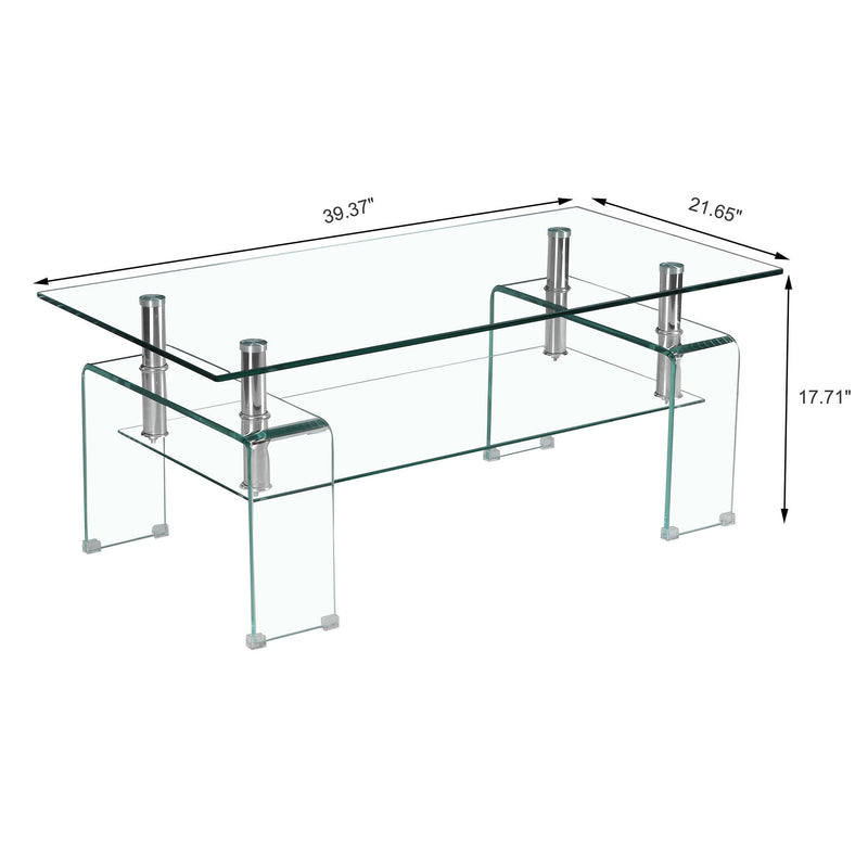 Modern Tempered Glass Coffee Table With 2 Tier Storage For Living Room