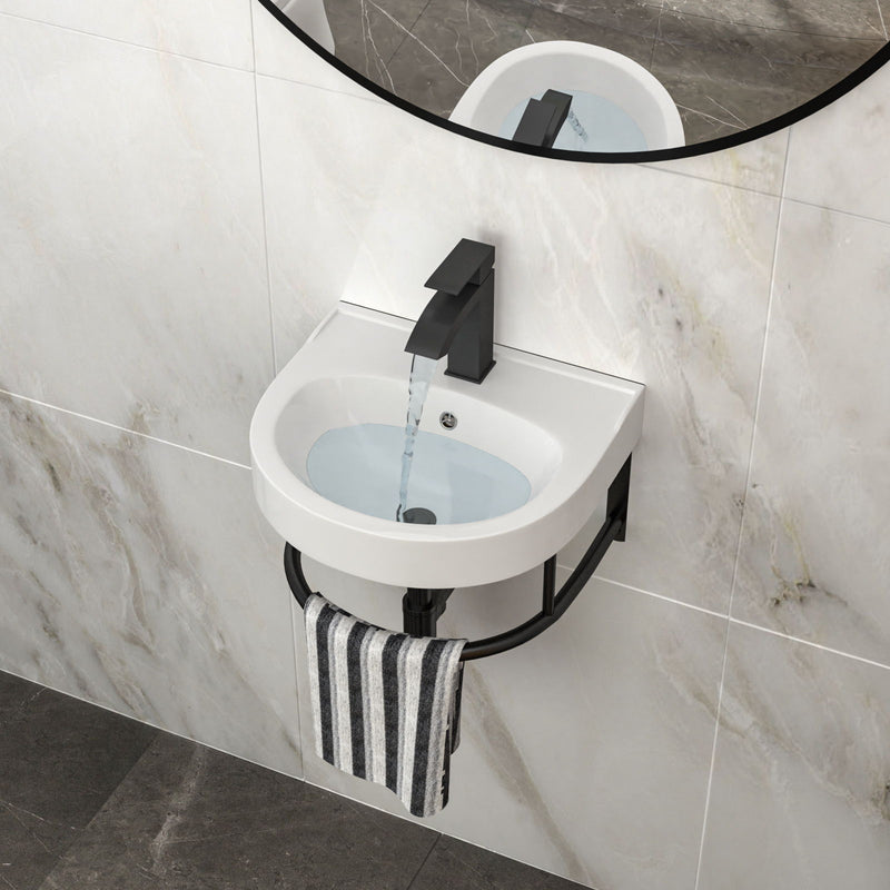 Wall Mounted Bathroom Sink With Towel Bar And Faucet - White / Black