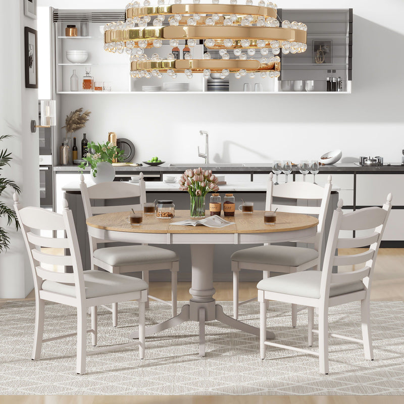 5 Piece Retro Functional Dining Table Set With Extendable Round Table And Upholstered Chairs