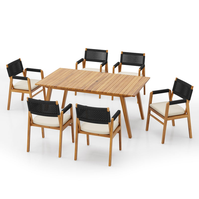 Outdoor 7 Pieces Patio Slat Design Acacia Upholstered Dining Set