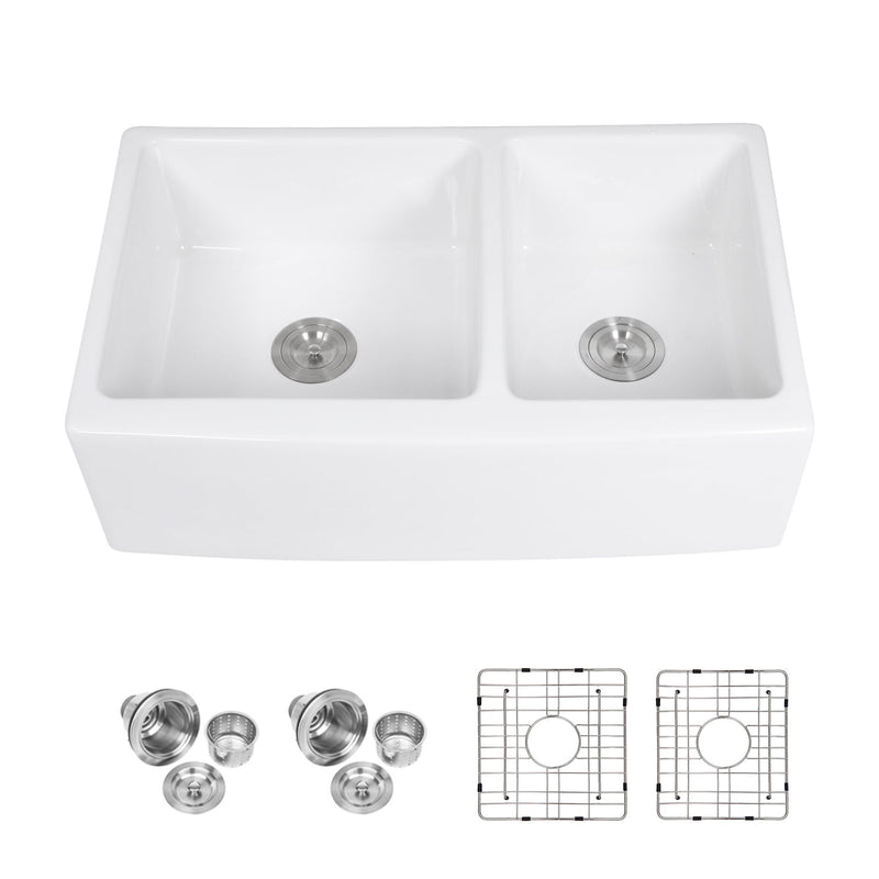Sink 33" Double Bowl 60 / 40 Kitchen Sink With Deep Basin And Grids - White