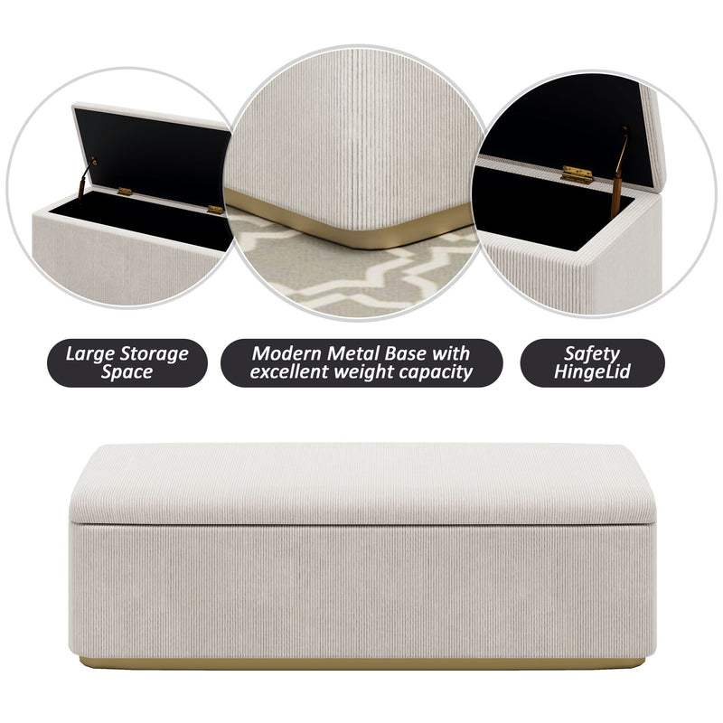 Chic Corduroy Upholstered Storage Ottoman With Vertical Stripe Design - Light Gray