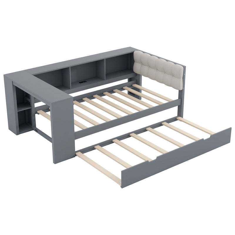 Upholstered Headboard Platform Bed With Storage Shelves, Trundle, Charging Station