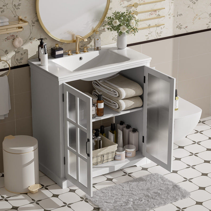 Modern Bathroom Vanity With Ceramic Sink, Tempered Blurred Glass Doors