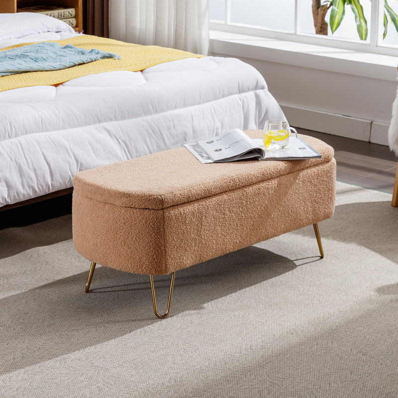 Storage Ottoman Bench For End Of Bed Gold Legs, Modern Camel Faux Fur Entryway Bench Upholstered Padded With Storage For Living Room Bedroom - Camel