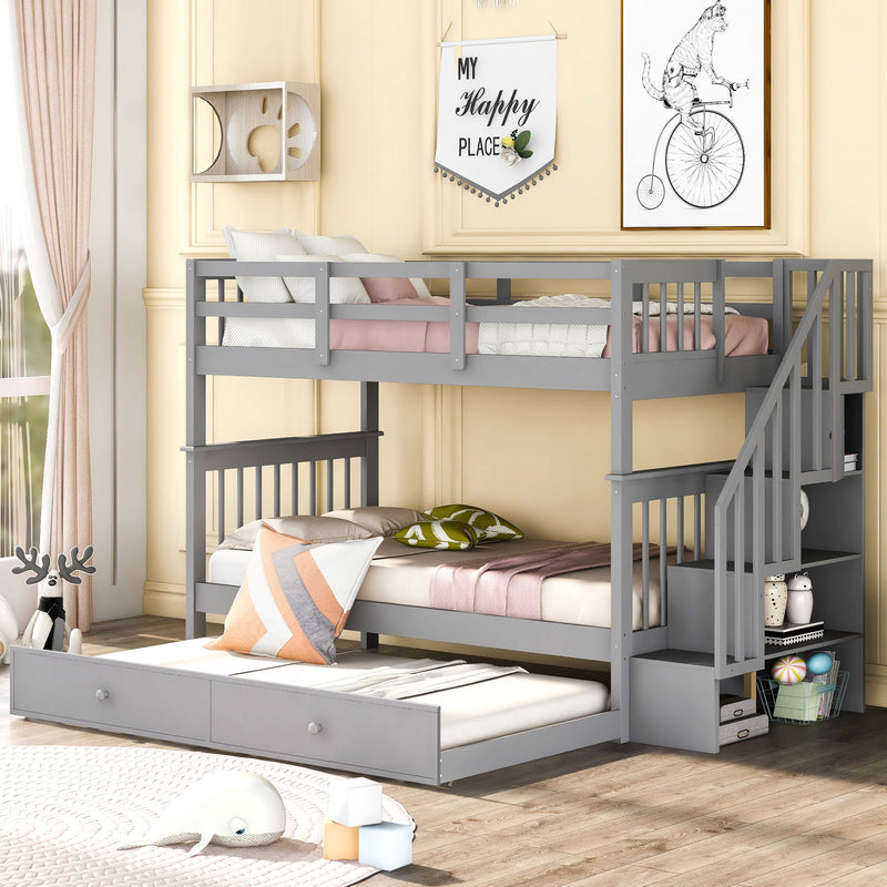 Stairway Bunk Bed With Storage And Guard Rail For Bedroom
