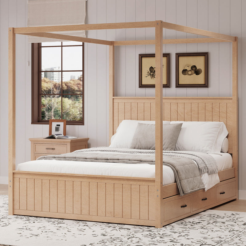 Canopy Platform Bed With Trundle And 3 Storage Drawers, 4 Post Solid Bed Frame With Headboard