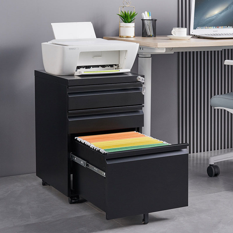 Contemporary Black 3 Drawer Mobile Filing Cabinet With Lock, Metal Office Storage For Legal / Letter Size