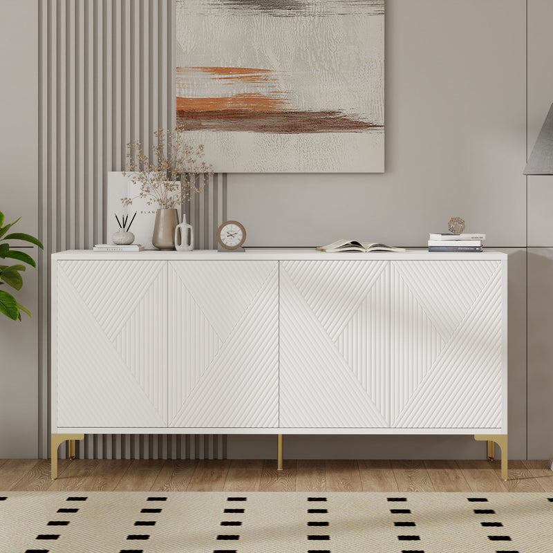 Modern Wood Sideboard Cabinet With Carved Door Panels, Adjustable Shelves, And Sturdy Metal Legs