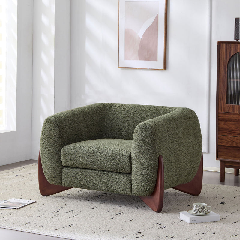 Modern Upholstered Boucle Arm Chair With Tuxedo Design And Triangular Legs