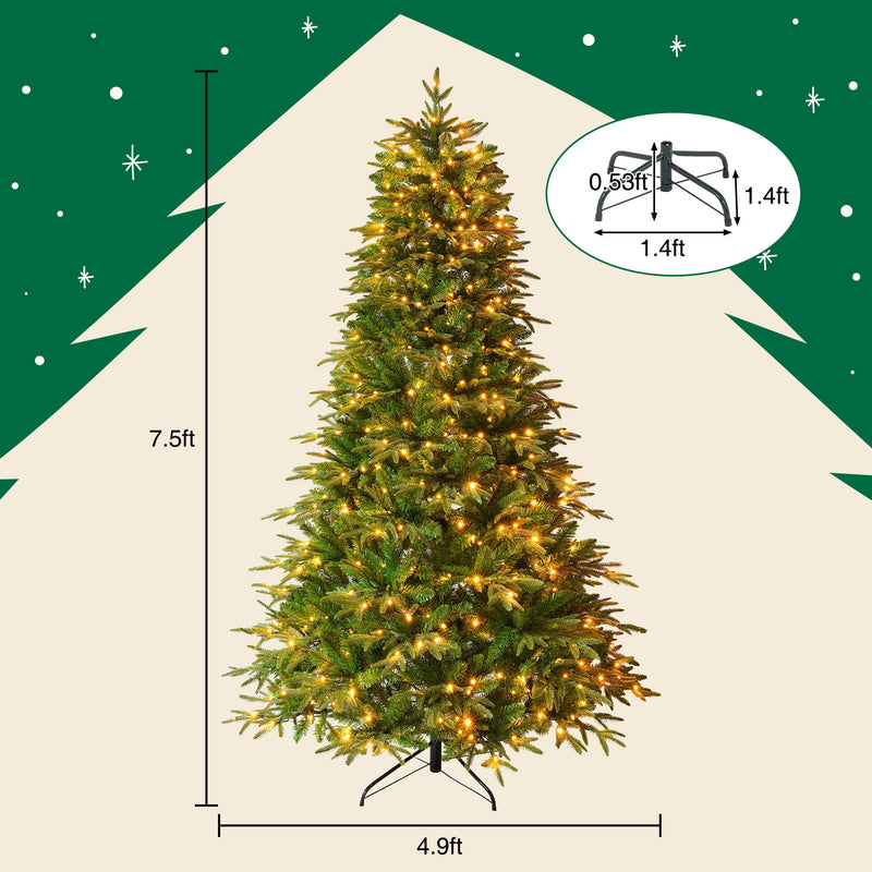 7.5Ft Premium Life Like Full Flocked Christmas Tree With Stand, Fire Resistant Tips, Warm & Colorful LED Lights - Green