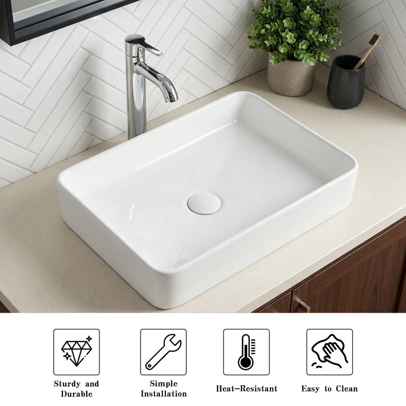 White Rectangular Ceramic Vessel Sink, Sleek Glazed Art Bathroom Sink Bowl, Countertop Vanity Basin