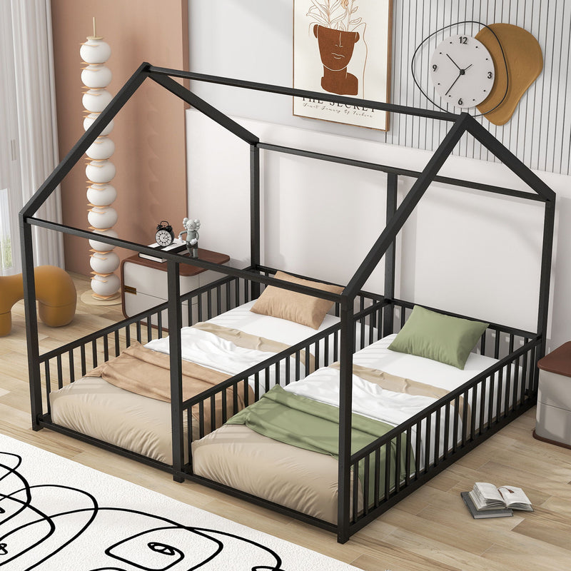 House Platform Beds, 2 Shared Beds, Metal Frame With Guardrails