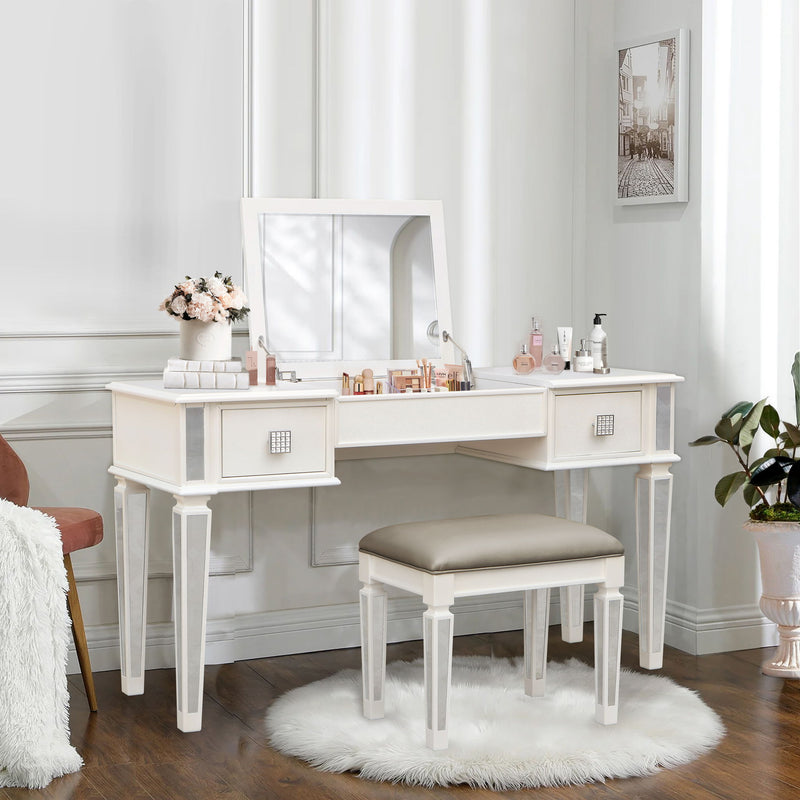 Mirrored Vanity Desk With Drawers And Stool, Flip Up Dressing Table Set For Makeup Room