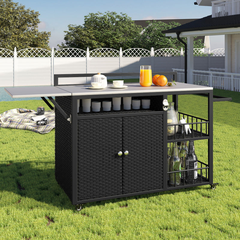Outdoor Kitchen Island With Storage, Cooking Station, Grill Cart, Foldable Tabletop, And Bottle Opener - Dark Brown