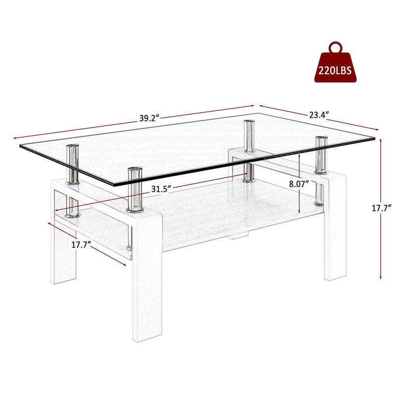 Modern Rectangular Coffee Table With Tempered Transparent Glass Top And Storage Shelf