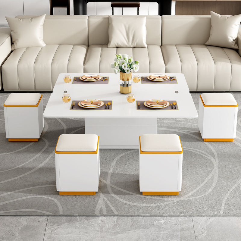 Multi Functional Adjustable Coffee Table With 4 Storage Stools