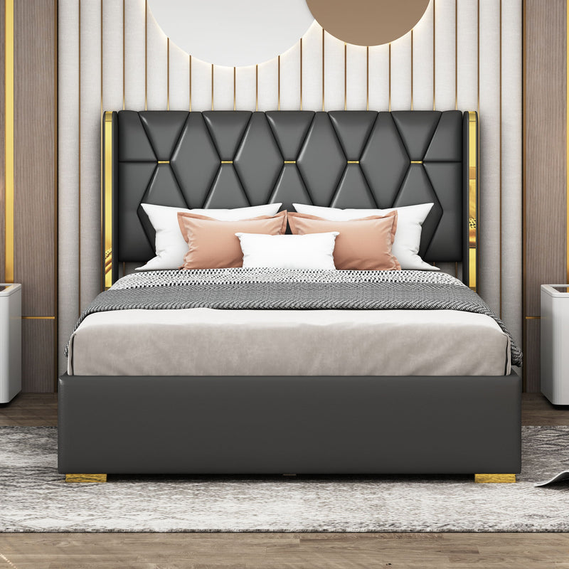 Upholstered Platform Bed With Strips - Black