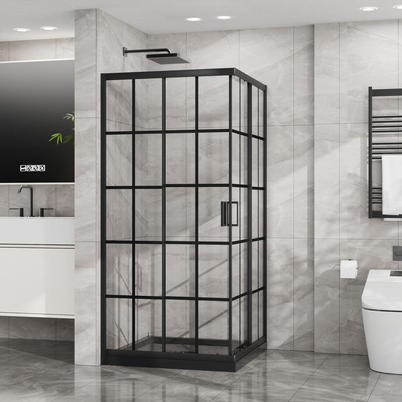 Corner Shower Enclosure, Double Sliding Door, Base - Matte Black